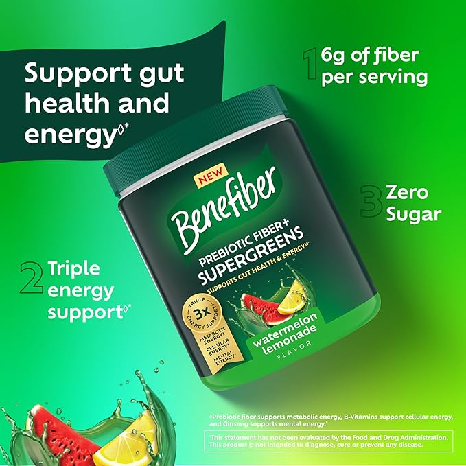 Benefiber Prebiotic GLP-1 Friendly Fiber + Supergreens Dietary Supplement Powder Watermelon Lemonade Flavor 8.8 oz (250g)