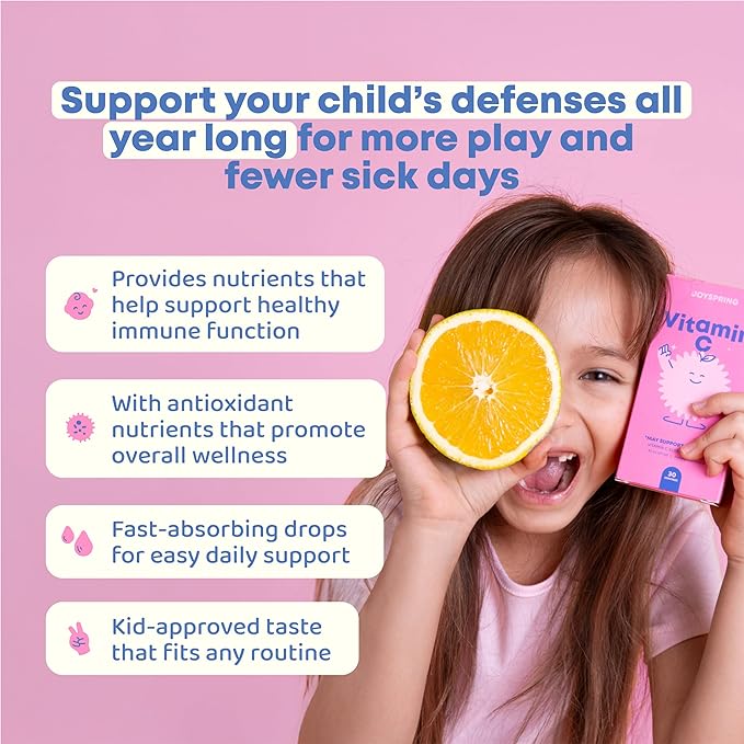 JoySpring Vitamin C and Zinc for Kids Elderberry Liquid Supplement | Alcohol-Free Toddler Vitamin C | 3+ Years | (2 fl oz) 30 Servings