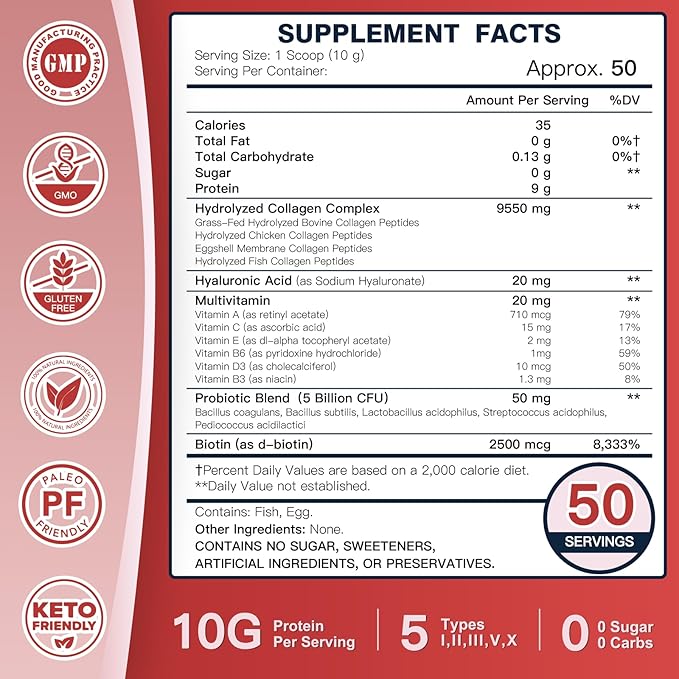 DRFOSTER Multi-Collagen-Peptide-Powder with Probiotics 50 Servings of Hydrolyzed Collagen Peptides with Hyaluronic Acid Biotin &amp Multivitamins - Supports Skin Hair Nails Health (Pack of 2)