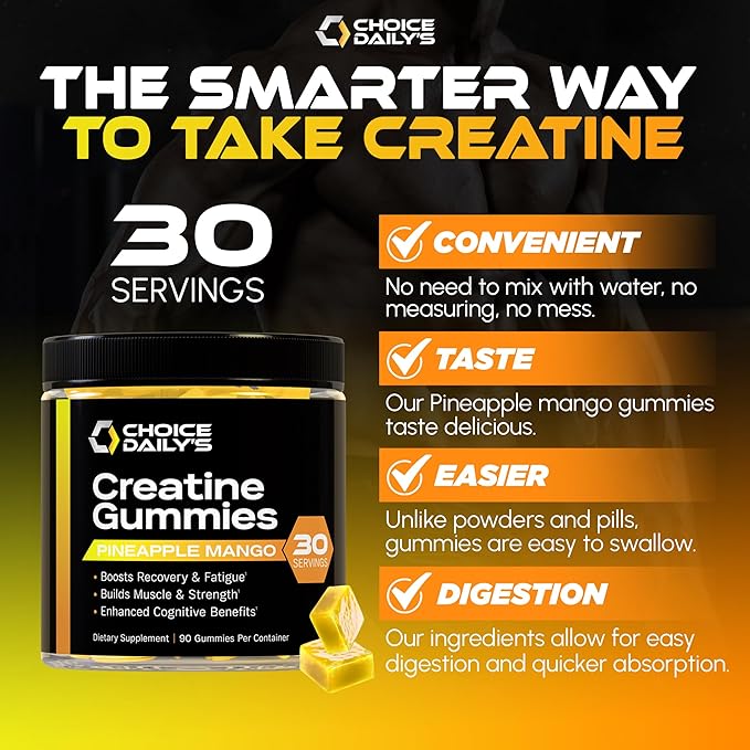 Creatine Gummies - 90 Vegan Friendly Chews - USA Made - Boosts Recovery - Builds Muscle - Enhanced Cognitive Benefits (Large Pineapple Mango)