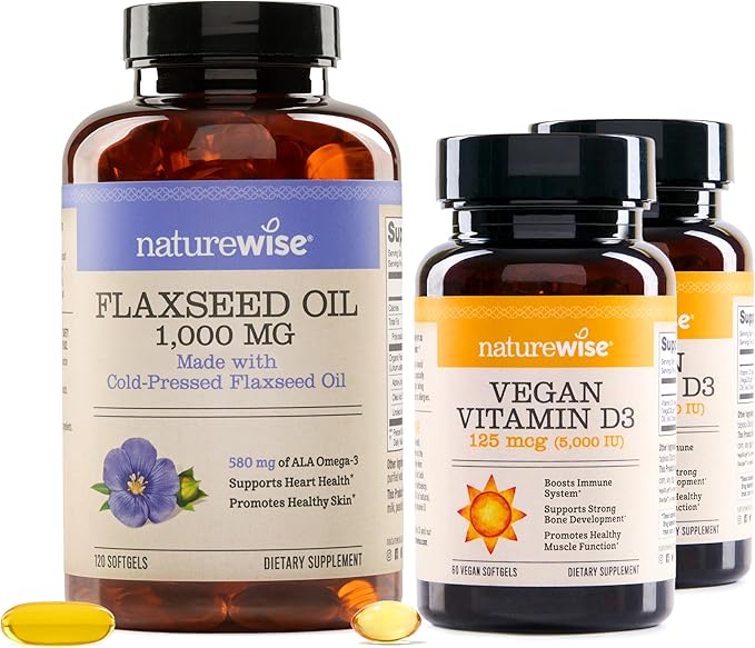 NatureWise [1] Flaxseed Oil 1000mg - Organic Cold Pressed - 120 Softgels[120-Day Supply] + (Pack of 2) Vegan Vitamin D3 5000iu + Organic Olive Oil - 60 Mini Softgels[60-Day Supply]