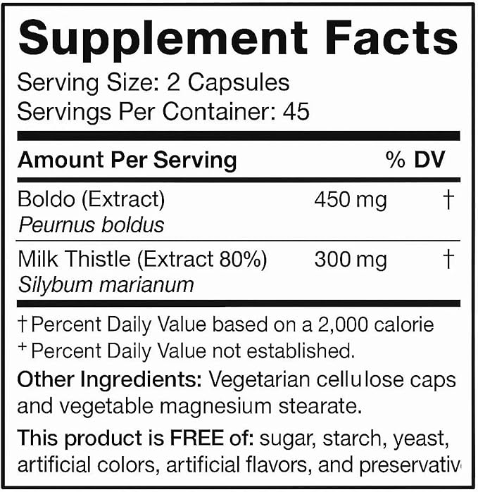Limpiador Hígado y Vesícula Liver Support with Boldo Extract and Milk Thistle Extract 90 Vegetarian Capsules