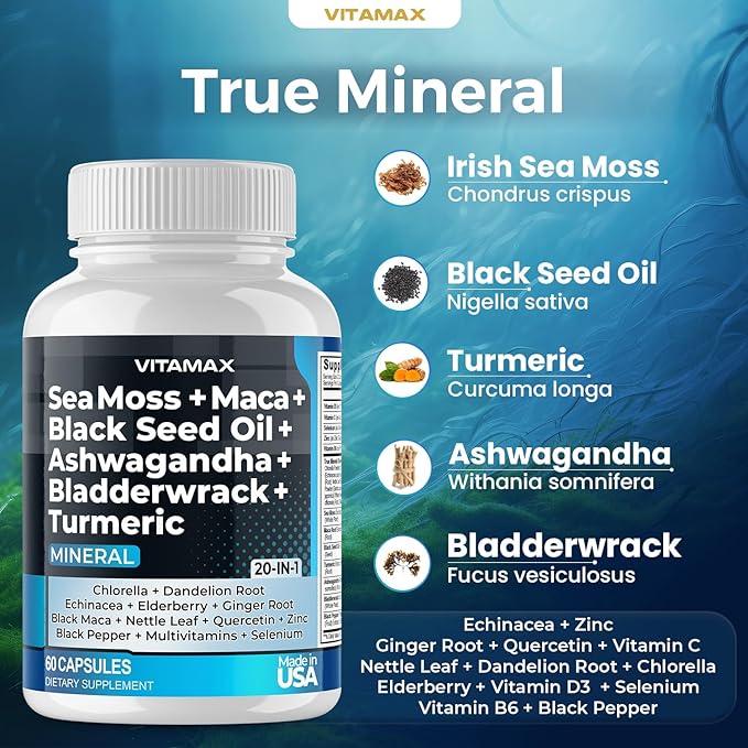 Sea Moss Maca Black Seed Oil Ashwagandha Bladderwrack Turmeric - Elderberry Vitamins C &amp D3 Dandelion &amp Black Pepper - Made in USA- 120ct