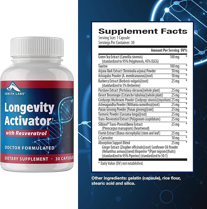 Zenith Labs Longevity Activator Anti-Aging Supplement Dietary Supplement Natural Antioxidants with Resveratrol - Supports Immune Function and Healthy Memory 3 Pack