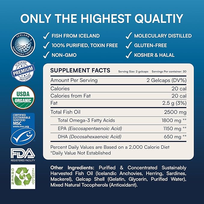 Omega-3 Fish Oil - 1800mg EPA &amp DHA Per Serving 30 Servings - Supports Brain Function Heart Health &amp Flow State - Non-GMO