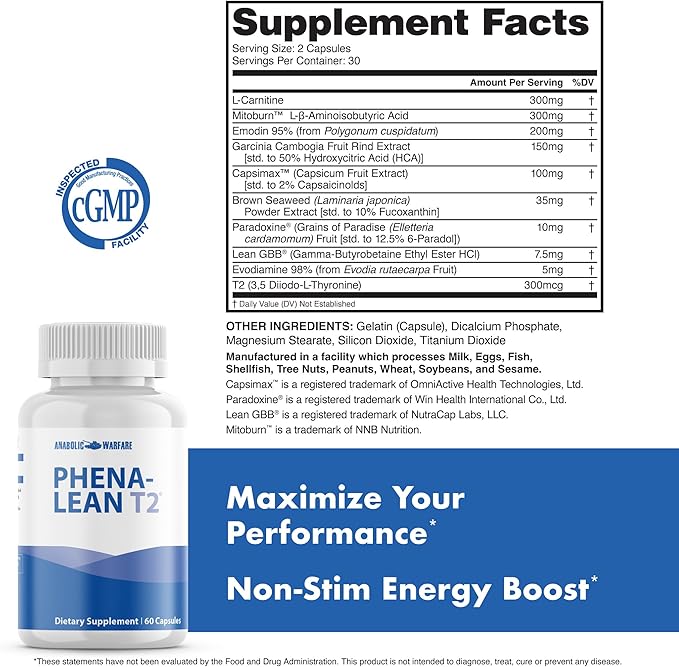Anabolic Warfare Phena-Lean™ T2 Premier Supplement from Thermogenic Body Composition Supplement – Non-Stimulant – 60 Capsules*