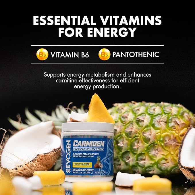 Evogen Carnigen - Premium Carnitine Powder | Supports Fat Metabolism &amp Promotes Recovery | Stimulant-Free L Carnitine Supplement Matrix with Acetyl L-Carnitine | Tropic Thunder | 50 Servings