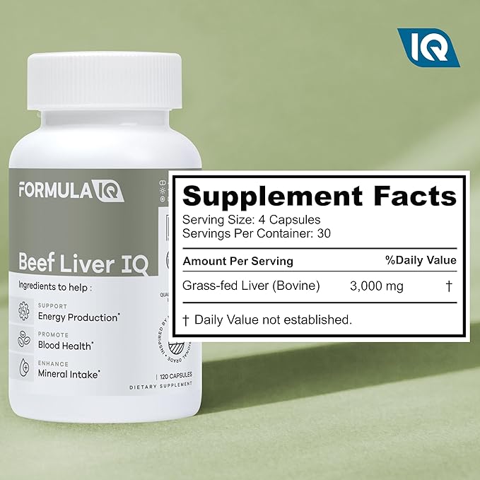 Formula IQ - Beef Liver IQ - Beef Liver Capsules - Supports Energy Production - Natural Iron Copper Vitamin A &amp Vitamin B - High Absorption - 120 Capsules