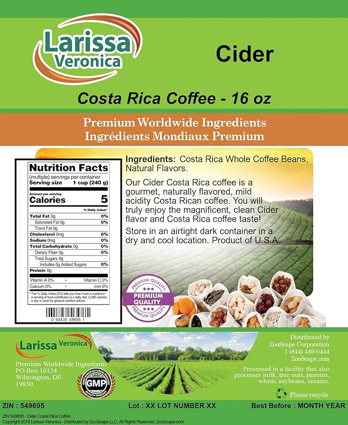 Cider Costa Rica Coffee (Gourmet Naturally Flavored Whole Coffee Beans) (16 oz ZIN: 549695) - 2 Pack