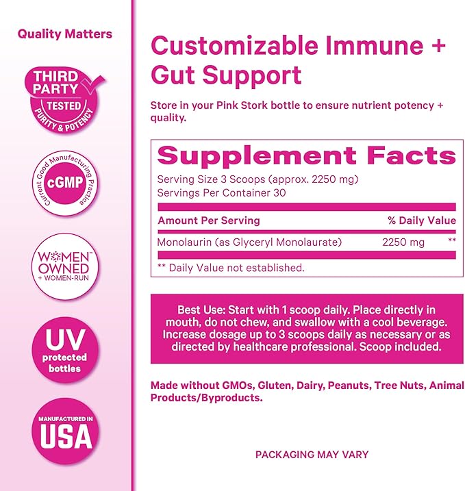Pink Stork Monolaurin Pellets – Vegan Lauric Acid Immune &amp Gut Support for Women – Microbial Balance Digestive Wellness – Odorless Scoopable Monolaurin Supplement – 226g – 75 Servings