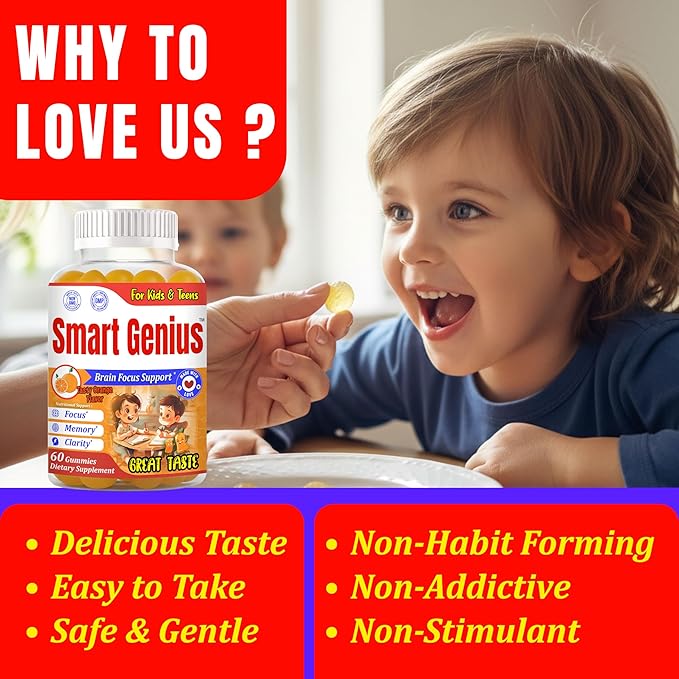Smart Genius Omega 3 for Kids Focus and Attention Supplements Kids Vitamin Gummies Focus Supplement for Kids Brain Support Teen Vitamin- 60 Gummy