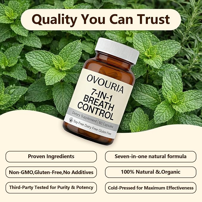 Ovouria Breath and Gut Balance - 7-in-1 Breath Control Targets Bad Breath at The Gut Root Natural Ingredients with Probiotics Vegan Gluten-Free 60 Capsules(1pc)