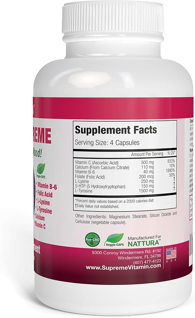 Nattura 5-HTP Supreme - for Positive Mood Relaxation and Appetite Control - with 5-HTP L-Tyrosine L-Lysine Vitamin B6 Folate (Folic Acid) Vitamin C (Ascorbic Acid) Calcium - 90 Capsules