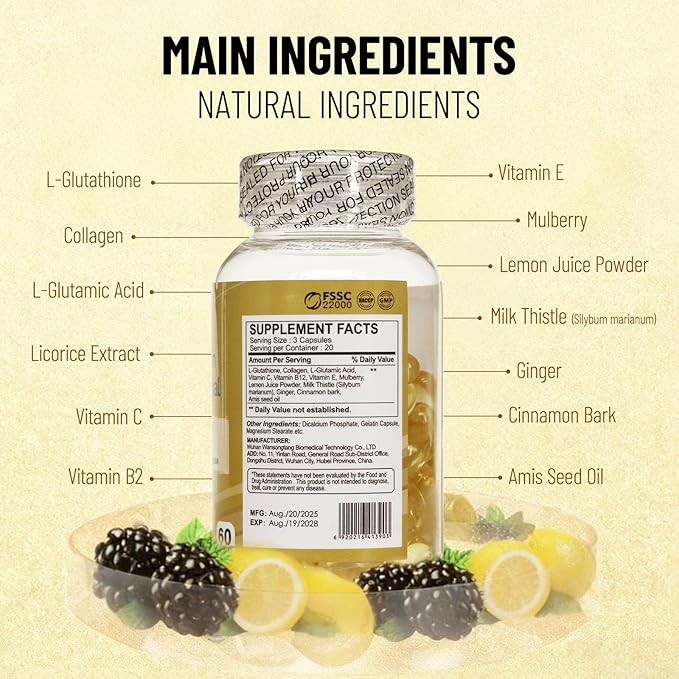 Ultra Whitening Skin Glutathione Liposomal Softgel 8000mg Supplement for Dark Spots Remover Cell Renewal Anti-Aging 60 Capsules