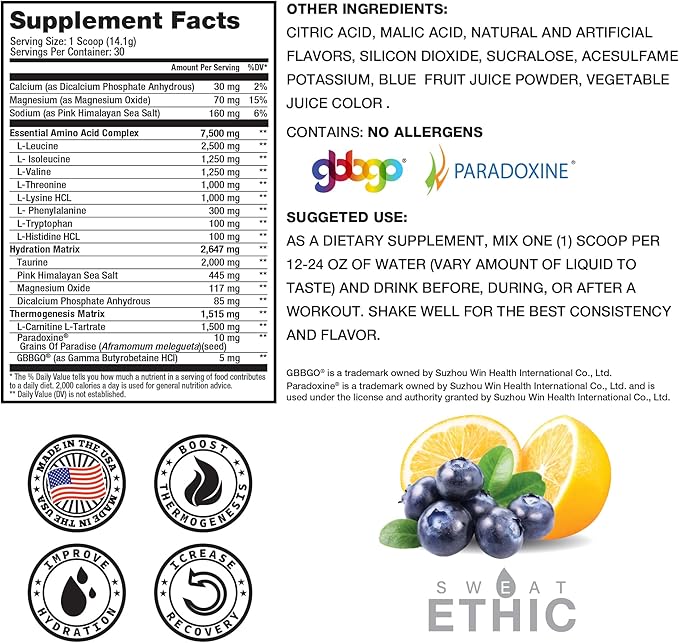 Sweat Ethic Amino Trim Pre Workout Powder with Amino Acids for Men &amp Women 7.5 G EAAS with Electrolytes for Hydration &amp Energy Stimulant Free Sugar Free Blueberry Lemonade Flavor 30 Serv