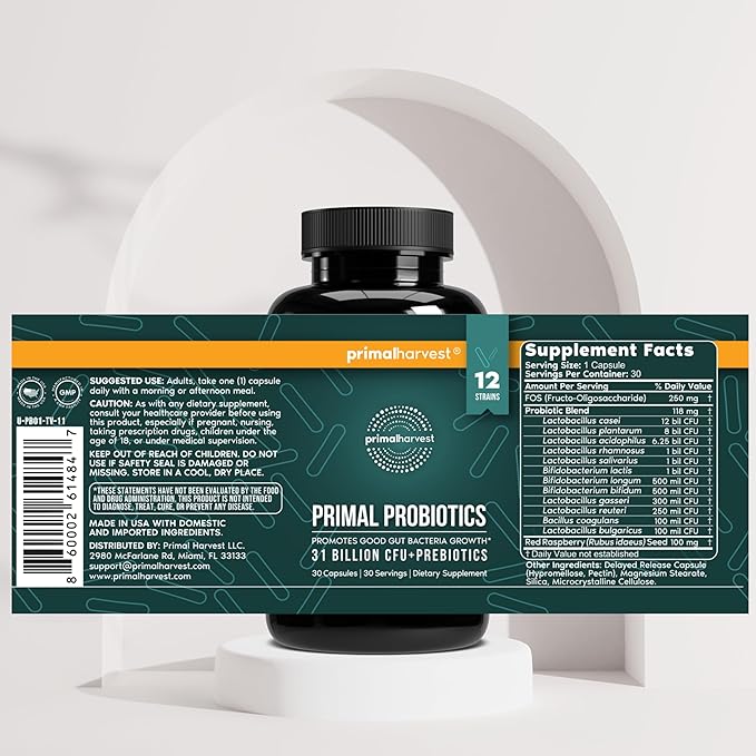Primal Harvest Probiotics for Women &amp Men Daily Probiotic Supplement with 12 Strains for Gut &amp Digestive Health 30 Capsules