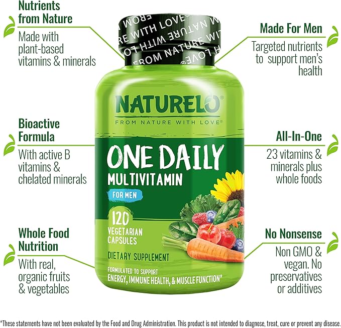 NATURELO Probiotics for Digestive Health - 60 Vegetarian Capsules and One Daily Multivitamin for Men 120 Vegetarian Capsules Bundle