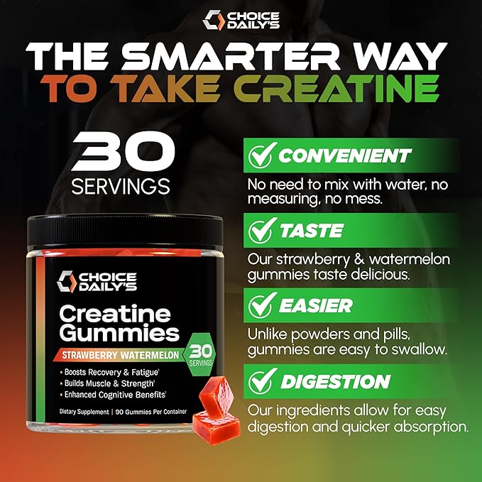 Creatine Gummies - 90 Vegan Friendly Chews - USA Made - Boosts Recovery - Builds Muscle - Enhanced Cognitive Benefits (Large Strawberry Watermelon)