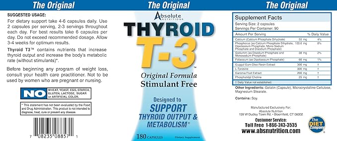 Absolute Nutrition Thyroid T-3 Radical Metabolic Booster Energy &amp Focus Unflavored Thyroid Support Formula Capsules Natural Metabolism Booster Support Healthy Thyroid Function 180 Capsules