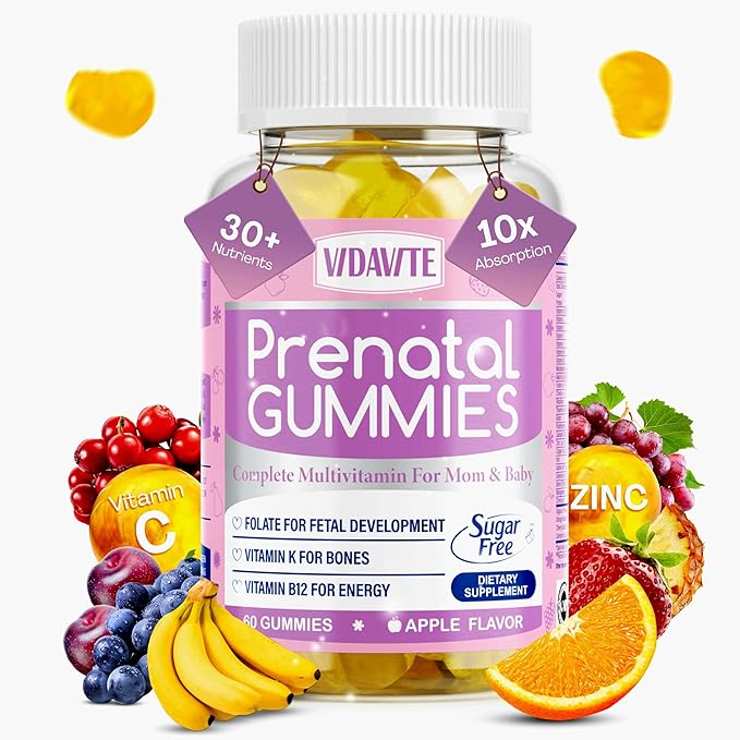 Sugar Free Prenatal Gummies — 30+ Nutrients (Choline Folate Iron Vitamin) for Fetal and Neural Support Bones Energy &amp Immunity — USA-Made Vegan Prenatal Vitamins for Women (60 Gummies)