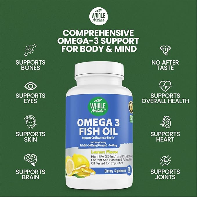 Omega 3 Fish Oil Supplements Maximum Strength 2400 mg Omega-3 1440mg Fish Oil EPA and DHA Fatty Acids Heart Brain &amp Immune Support for Women and Men. Natural Lemon Flavor 120ct (2)
