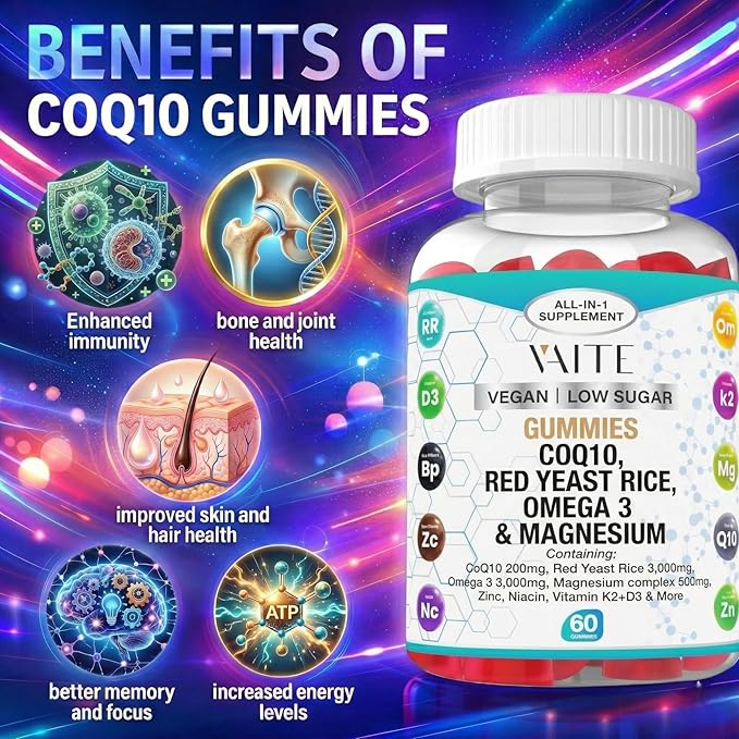 CoQ10 200mg Gummies with Red Yeast Rice &amp Magnesium Glycinate – Omega-3 Zinc and Vitamin K2+D3 for Overall Health – Supplements for Adults – 60 Chewable Gummies