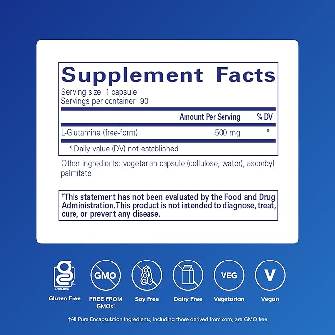 Pure Encapsulations L-Glutamine 500 mg - Supplement for Immune and Digestive Support Gut Health and Lining Metabolism and Muscle Support* - with Free-Form L-Glutamine - 90 Capsules