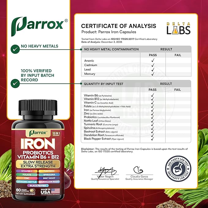 Iron Supplement Slow Release Iron Probiotics Spirulina Turmeric Vitamin B6 Methylated B12 Vitamin C Zinc Beetroot Nettle Leaf Dandelion Root Black Pepper Extra Strength 60 Capsules 3Pack