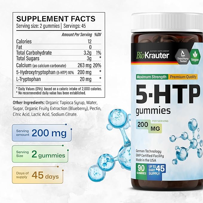 BIO KRAUTER® 5HTP with Tryptophan &amp Calcium for Mood &amp Relaxation Support - Vegan 5 HTP Supplement 200 mg Strength for Emotional Wellness Support- 90 Gummies 45-Day Supply Non-GMO