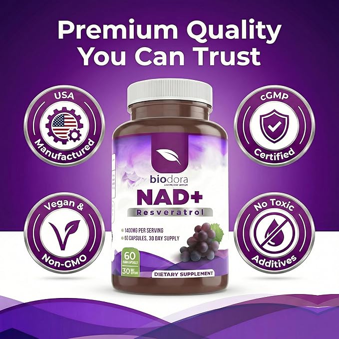 Resveratrol NAD+ 1400mg | Trans-Resveratrol Antioxidant NAD Supplement with NAD | Support Cellular Health Energy &amp Anti Aging (60 Capsules)