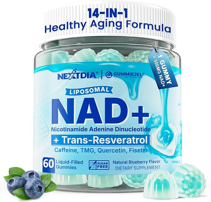 Liposomal Nad+ Supplement for Women Men - Max Absorption Nad Gummies Plus Resveratrol Fisetin Quercetin TMG Caffeine B12 for Aging Defense Energy &amp DNA Repair Skin Brain Antioxidant - 60