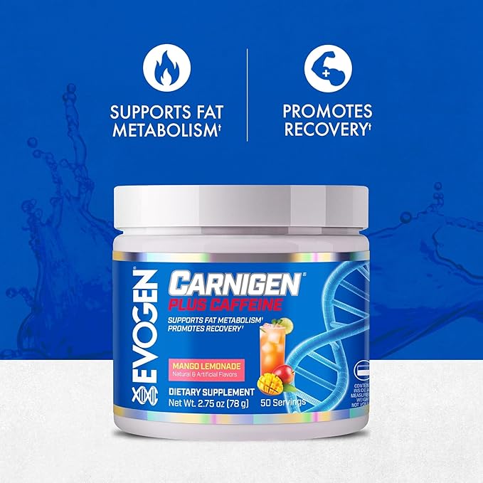 Evogen Carnigen Plus Caffeine - Premium Carnitine Powder | Supports Fat Metabolism &amp Promotes Recovery | L Carnitine Supplement Matrix with Caffeine &amp Acetyl L-Carnitine | Mango Lemonade | 50