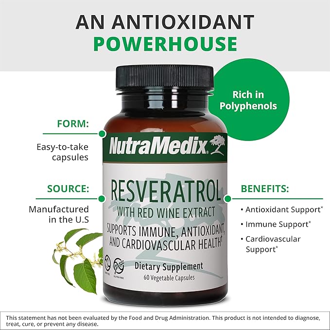 NutraMedix Resveratrol Capsules - Bioavailable Antioxidants Supplement from Red Wine Extract + Grape Skins - 200mg Japanese Knotweed for Immune &amp Cardiovascular Support (60 Capsules)
