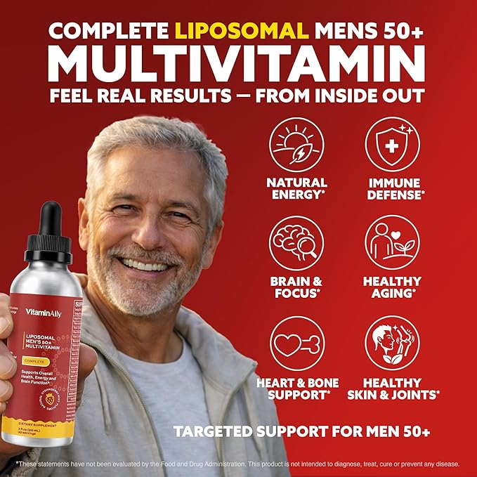 Liposomal Men's 50+ Liquid Multivitamin Drops | Non-GMO | Sugar Free | Gluten Free | 30 Day Supply | 3 FL Oz | Supports Brain Health Immunity and Energy Production
