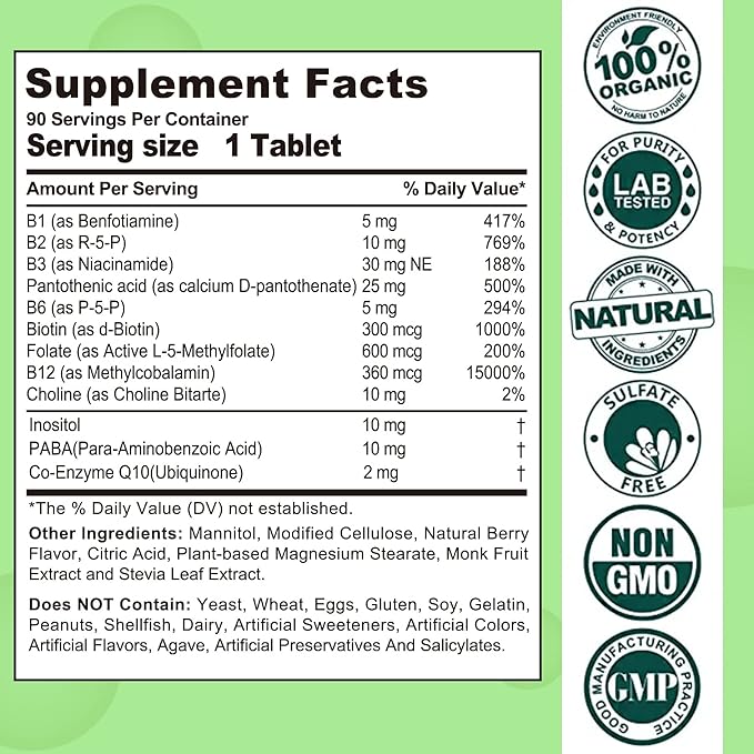Sugar Free Vitamin B Complex with Methyl B12 MethylFolate B6 B1 B2 B3 Fast Dissolve Highly Bioavailable Methylated B Complex Supplement for Energy Levels Neural System Vegan180 Tablets
