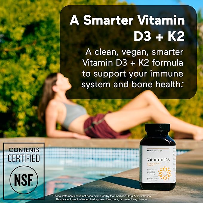 SMARTERNUTRITION Vegan Vitamin D3 5000 IU + Natural Vitamin K2 1100 mcg in Organic Coconut &amp Olive Oil - D3 K2 Supplement for Immune &amp Bone Support - 60 Softgels[30 Day Supply]