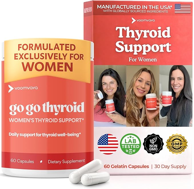 VoomVaya Go Go Thyroid - Thyroid Support for Women 30+ - Female-Focused Hormonal Balance &amp Thyroid Supplement with Iodine Selenium &amp L Tyrosine - 3rd Party Tested - 60 Capsules