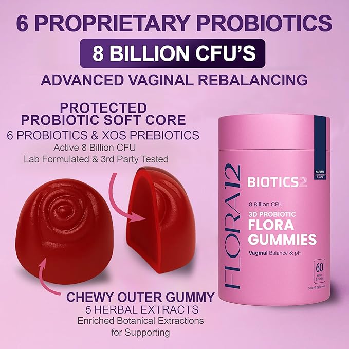 Flora12 Vaginal Probiotics for Women pH Balance Gummies with Prebiotics 8x Billion Probiotics 5x Extracts Saw Palmetto Dong Quai Motherwort Wild Kelp &amp Yam | Vegan Sugar-Free Gluten-Free 120 C