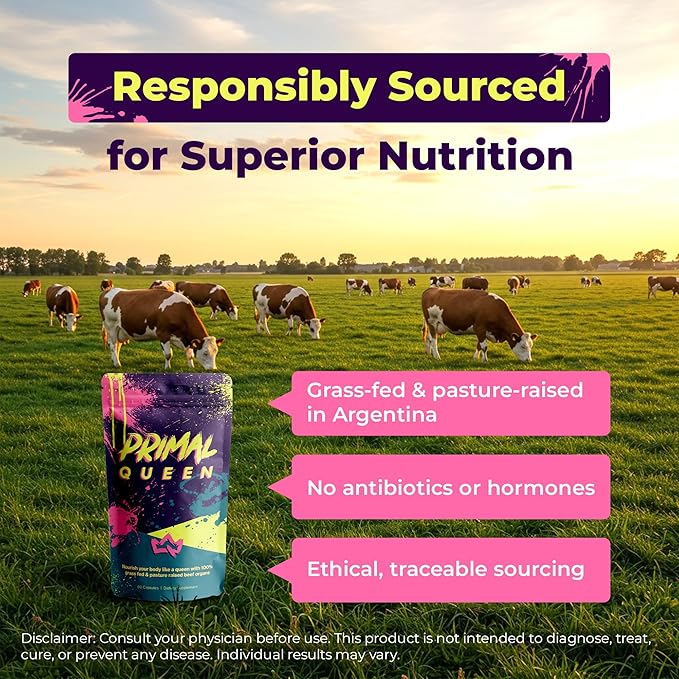 Primal Queen Female-Optimized Beef Organ Superfood Supplement (Beef Liver Kidney Heart &amp 3 More) - 100% Grass Fed Pasture Raised - 3rd Party &amp Clinically Tested