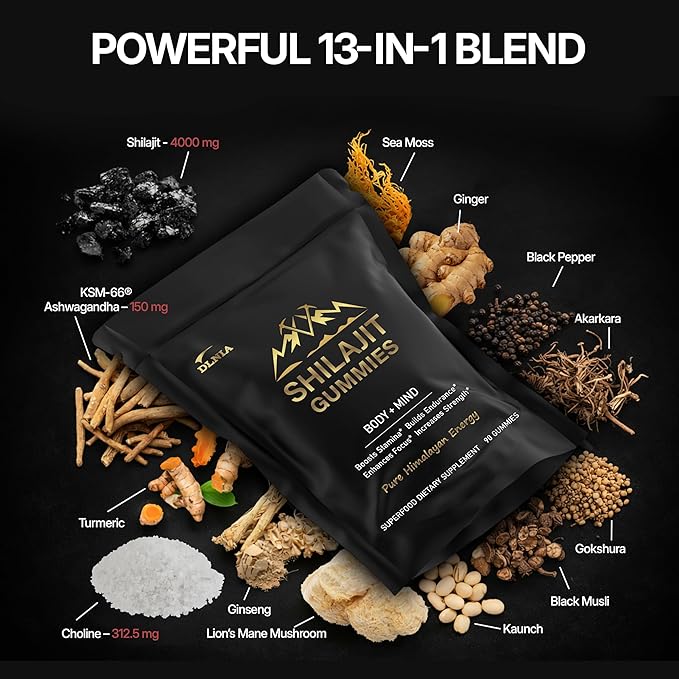 13-in-1 Shilajit Gummies with KSM-66® Ashwagandha | 4000 mg Himalayan Shilajit Extract (20:1) Choline &amp Botanicals | Sugar-Free Vegan | Energy Focus &amp Daily Vitality Support for Men &amp W