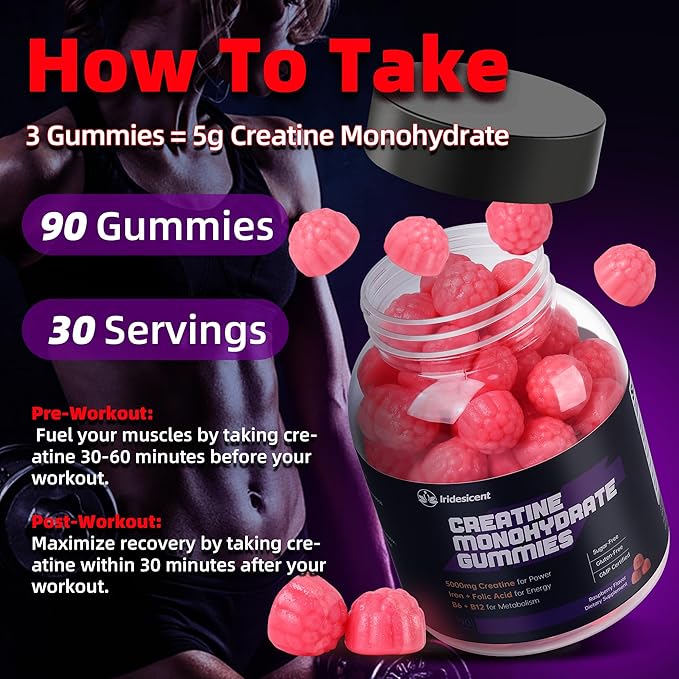 Creatine Monohydrate Gummies 5000mg w/Iron Vitamin B6 &amp B12 Sugar Free 5g Creatine Supplements for Women and Men Boost Energy &amp Muscle Recovery - 90 Raspberry Gummies