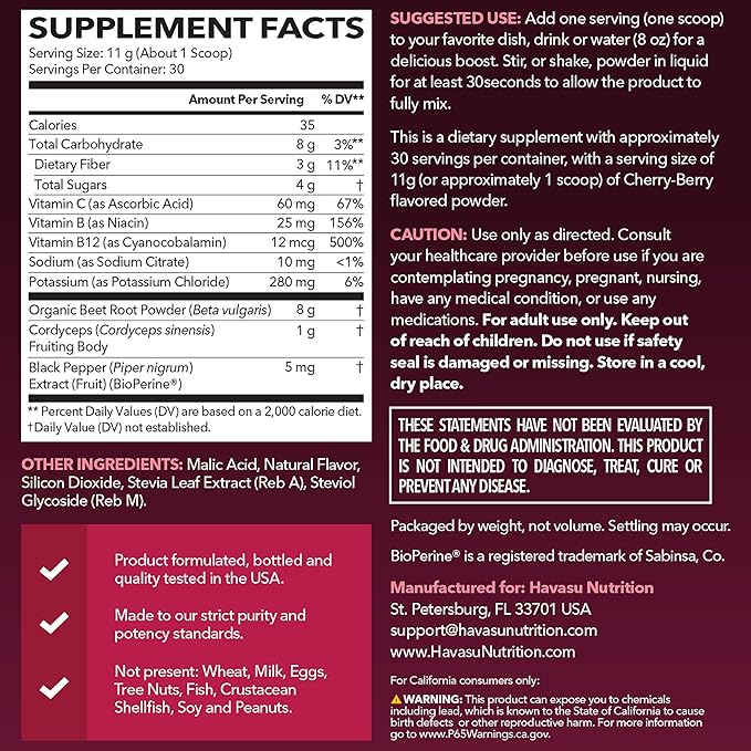 Organic Beet Root Powder with Vitamin B12 &amp Coryceps - Nitric Oxide Supplement - Beetroot Powder for Energy &amp Post Workout Recovery - Mix with Water or Smoothies Cherry Berry Flavor - 30 Serv