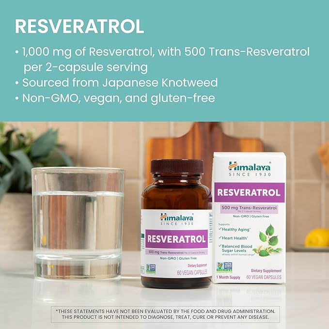 Himalaya Resveratrol for Healthy Aging and Antioxidant Support 1000 mg of Resveratrol with 500 mg Trans-Resveratrol Daily 60 Vegan Capsules 1 Month Supply