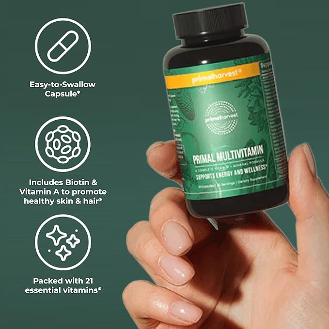 Primal Harvest Primal Multivitamin - Daily Multi-Vitamin Supplement with 21 Essential Vitamins &amp Minerals for Women &amp Men - Vitamin A C D E B12 B6 Biotin Folic Acid Zinc Copper &amp