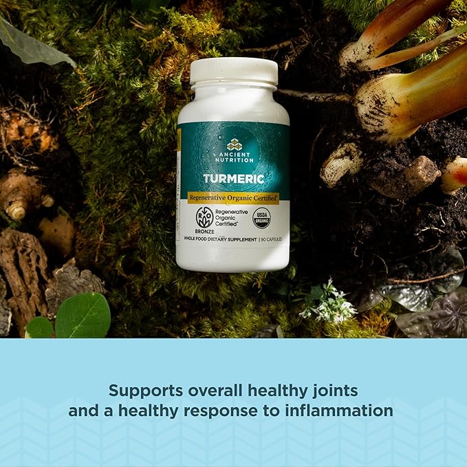 Ancient Nutrition Regenerative Organic Certified Turmeric Capsules Once Daily Use as a Joint Supplement and Supports Inflammation Gluten Free Paleo and Keto Friendly 90 Count