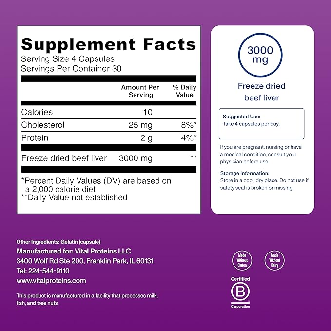 Vital Proteins Grass Fed Beef Liver Capsules Desiccated Liver Supplement 750mg Liver Pills 120 Count