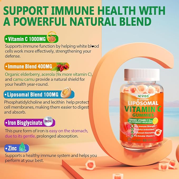 Liposomal Vitamin C 1000mg Gummies for Adults - Vitamin C Chewable with Elderberry Zinc &amp 8mg Iron Sugar Free Vit C Supplements Daily Immune Support Gummies for Energy Collagen Booster 60 Coun