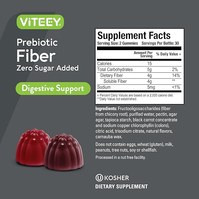VITEEY Prebiotic Fiber Gummies for Adults 4g - Gut Health &amp Digestive Soluble Fiber Supplement Gummies - Zero Sugar Added Vegan Gluten-Free - 120 Count