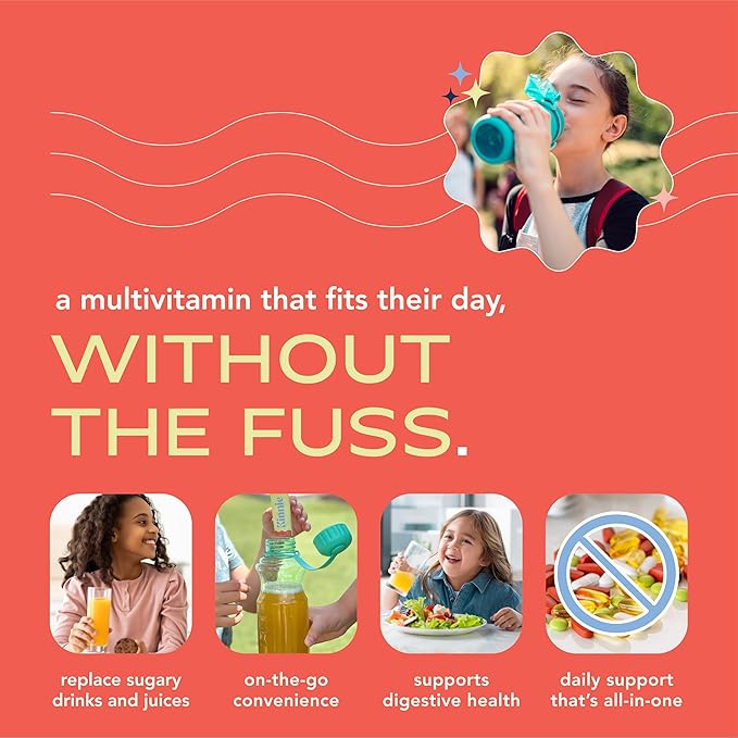 Kinnie Kids Multivitamin with Pre/Probiotic &amp Organic Superfoods for Kids - 22+ Vitamins &amp Minerals - Sugar-Free Orange Flavor - Immune Gut &amp Oral Health Support - Ages 4+ (30 Sticks)