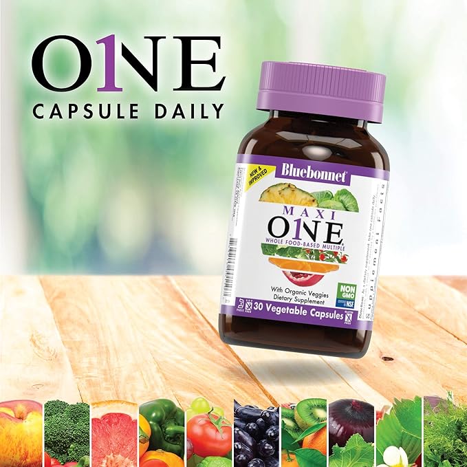 Bluebonnet Nutrition Maxi One (with Iron) Whole Food Multiple Enzymes Energy Vitality Gluten-Free Kosher Dairy-Free Vegetarian Friendly Soy-Free Non-GMO 90 Vegetable Capsule 3 Month Supply
